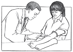 Ilustración de un proveedor de salud médico hombre extirpando sangre de una paciente mujer.