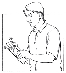Ilustración de un hombre removiendo una jeringa estéril de una bolsa plástica.