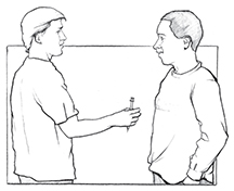 Ilustración de un hombre pasando una aguja para inyectarse drogas a otro hombre.  