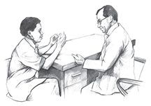 Ilustración de un médico hombre hablando con una paciente mujer. Los dos están sentados en una mesa.