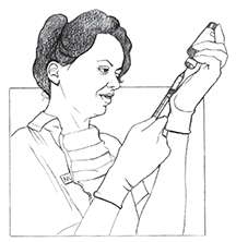 Ilustración de una proveedora de salud usando una jeringa para extirpar una dosis de medicamento de un vial.